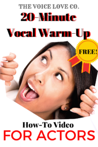 A female actor breaks through to peek through a hole in the middle. Her mouth is open as if to say a hearty, "Hey!". The Voice Love Co. presents a free 20-minute how-to video on Warm-Ups for Actors.