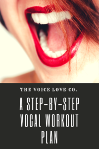 A smiling mouth with lovely red lips is open in song. The Voice Love Co. presents A Step-By-Step Vocal Workout Plan just for you! Enjoy.