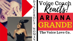 Voice Coach Christi Bovee looks surprised as Ariana Grande sings Dangerous Woman while wearing a shiny black masked bunny outfit. Voice coach reacts to Dangerous Woman by Ariana Grande from The Voice Love Co.