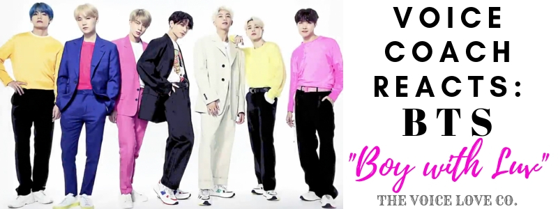 South Korean boy band, BTS, pose for the camera while wearing bright colors. Voice Coach Reacts: BTS, "Boy with Luv" here at The Voice Love Co.