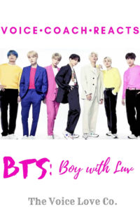 Voice Coach Reacts to BTS LIVE singing Boy With Luv on SNL. BTS looks on while dressed in colorful attire. 