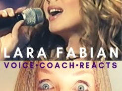 Veteran voice coach Christi Bovee looks amazed as Lara Fabian sings into a microphone HERE at The Voice Love Co.