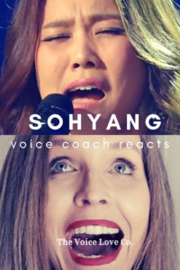 Sohyang sings into the mic while veteran voice coach Christi Bovee looks at her in awe. Voice Coach Reacts to Sohyang singing Bridge Over Troubled Water here at The Voice Love Co. 