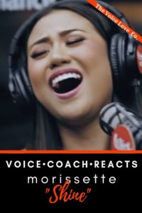 Morissette Amon sings into a microphone with a smile. Text reads: Voice Coach Reacts. Morissette singing "SHINE" here at The Voice Love Co. 