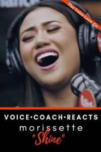 Morissette Amon sings into a microphone with a smile. Text reads: Voice Coach Reacts. Morissette singing "SHINE" here at The Voice Love Co.